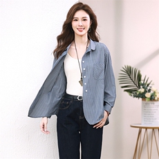 纯棉套头条纹衬衫女长袖2024春秋新款宽松时尚休闲显瘦衬衣女上衣，女装衬衫，小林双子