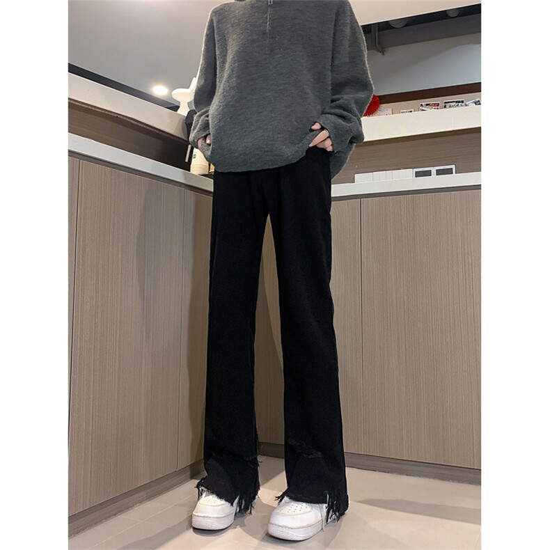 现货黄泥美式vibe裤高街黑色破洞微喇直筒毛边牛仔裤男K890-P55,男装牛仔裤,星座205