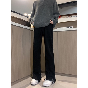 现货 黄泥美式vibe裤高街黑色破洞微喇直筒毛边牛仔裤男 K890-P55图片