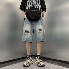 破洞牛仔短裤男士夏季皮带款五分裤潮牌美式宽松马裤T1726-P42，男装牛仔裤，星座1001-1