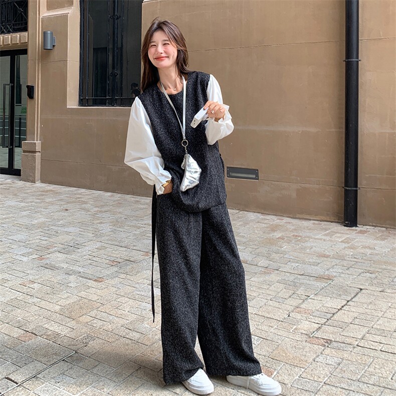 韩系小香风气质套装女2025春新款设计感拼接收腰显瘦阔腿裤两件套图片