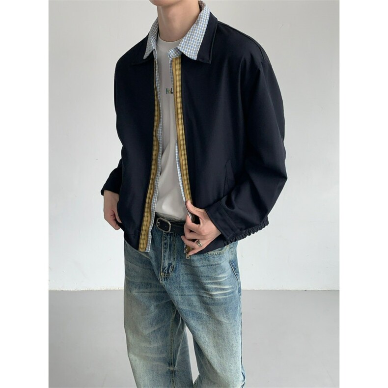 网络图现货美式复古情侣款拼接格子高级感高街痞帅夹克J6809-P65，男装夹克，星座715-7