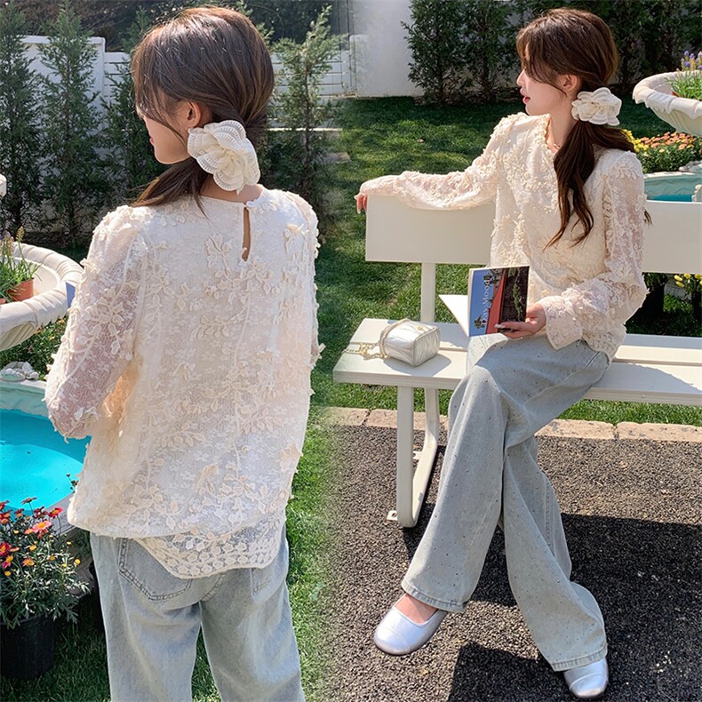 镂空蕾丝长袖上衣T恤女轻奢高级感打底衫内搭2025新款超火春夏季,女装蕾丝衫/雪纺衫,纯色衣恋