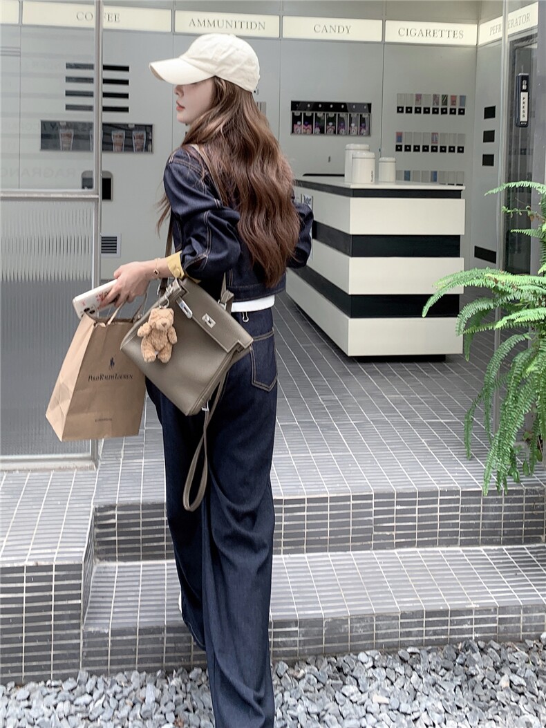 (新款现货）2026春装时尚针织牛仔拼接阔腿裤套装（两件套）,女装套装/套裙,印象茜