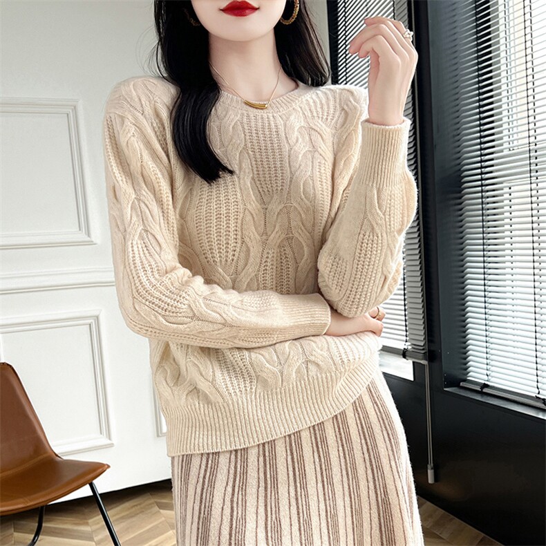 女士秋冬保暖羊毛衫羊毛纯色绞花圆领，女装羊毛衫，蒙莲贝斯