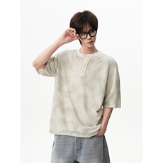 街头复古宽松日系扎染T恤极简质感亨利领竖条纹短袖HY925TP35控58，男装T恤，电商A102B