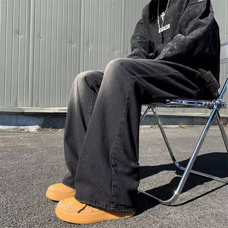 美式做旧水洗复古显高牛仔裤男高级感宽松休闲百搭微喇长裤P45,男装牛仔裤,四季星座218-1