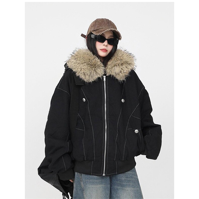 现货重磅boxy短款棉衣座山雕大毛毛领男女棉服水洗工装厚外套，男装棉衣，电商A486-1