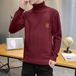 秋冬可翻高领毛衣男NY纯色长袖男刺绣毛衫打底针织衫红M251P33图片
