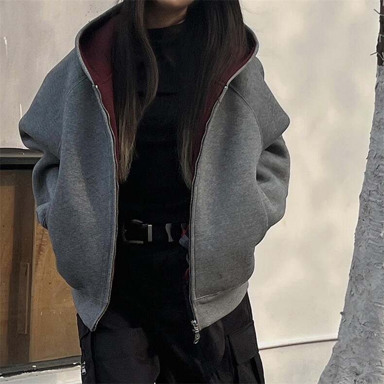 抖音得物高品质秋冬美式高街重磅结构双层双面连帽卫衣外套XS107,女装短外套,电商A486-1