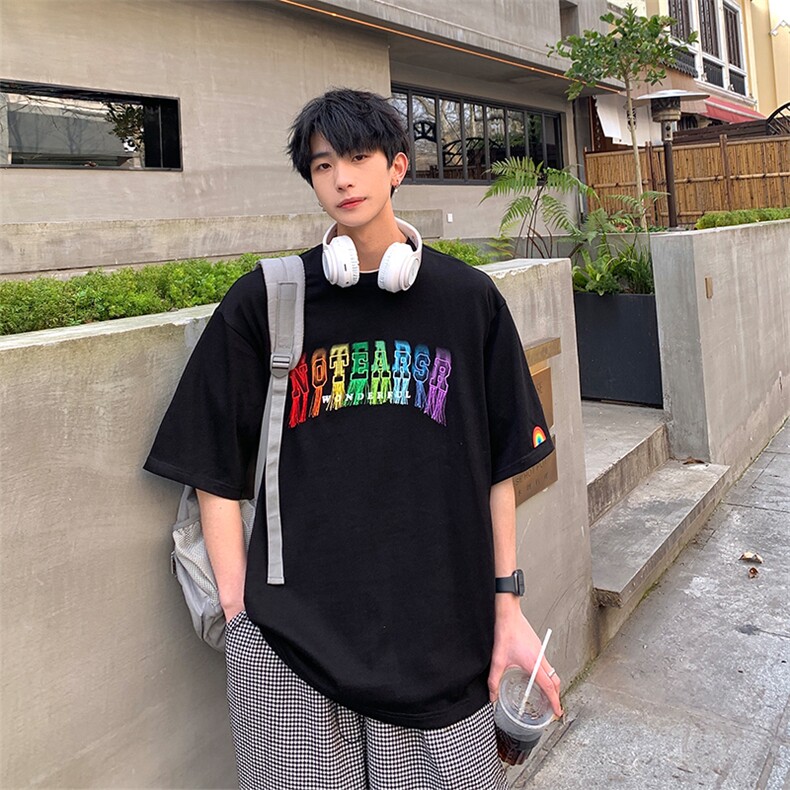 2023夏新款港风个性字母印花宽松圆领短袖T恤上衣T2218-P50,男装T恤,星座914-3