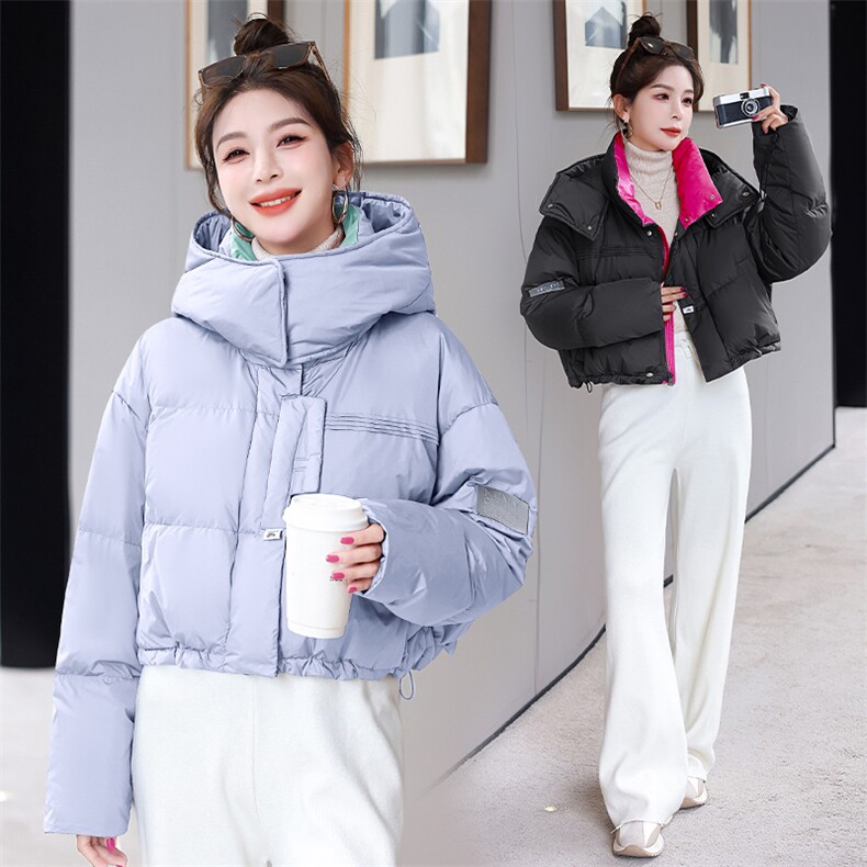 2024冬季新款短款面包服时尚白鸭绒加厚立领拼色羽绒服外套,女装羽绒服,卡杰菲