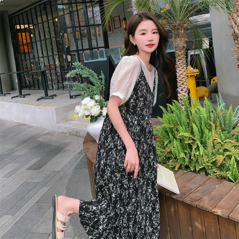 法式复古吊带连衣裙女夏季2025新款气质雪纺碎花长裙子,女装连衣裙,帛香坊