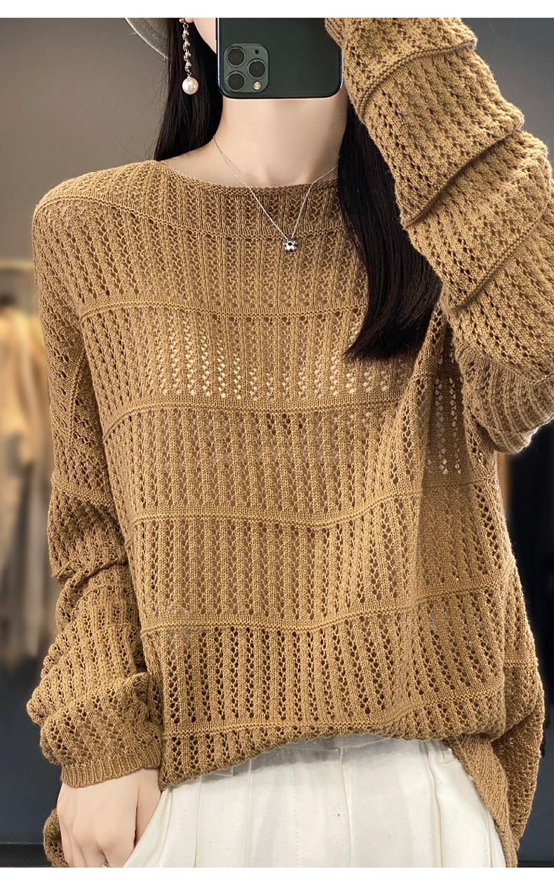 宽松镂空落肩款针织衫时尚百搭，女装针织衫/毛衣，唯若美羊绒