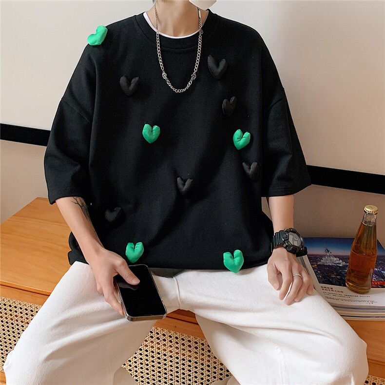 1港风运动情侣大码M-5XL嘻哈网红小爱心圆领短袖T恤DT7742P55控78，男装T恤，星座226-2