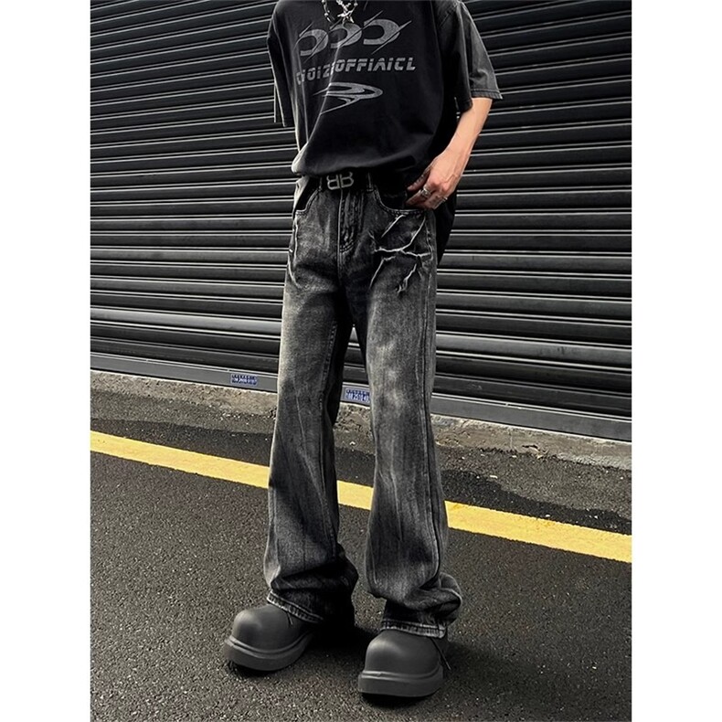美式复古闪电纹牛仔裤男水洗微喇高街vibe黑灰色裤子直筒百搭长裤,男装牛仔裤,星座1210-1