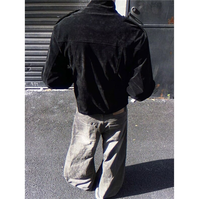 秋冬新款英伦高定修身时尚立领男日系复古多口袋工装麂皮绒夹克,男装夹克,星座506A