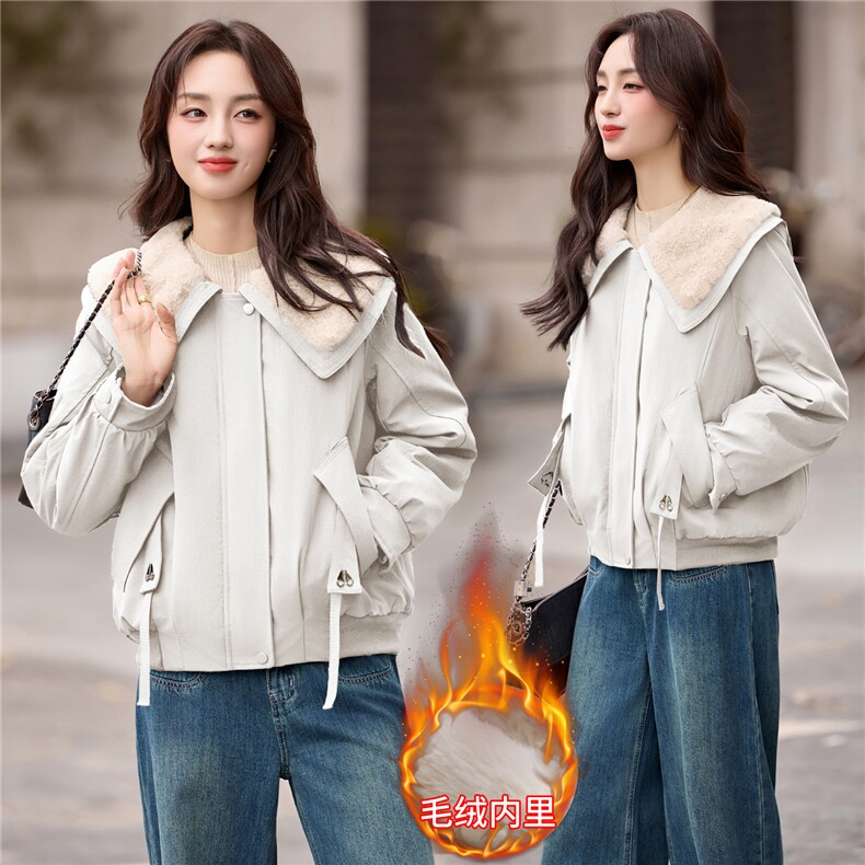 羊羔毛拼接翻领加绒加厚外套女2025秋冬新款宽松显瘦减龄洋气棉服，女装派克服，木子恋