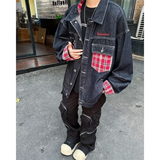CL9825-P72格子拼接牛仔外套男秋冬季撞色情侣潮牌翻领工装夹克，男装夹克，电商C233