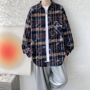衬衫男秋季新款港风宽松大码格子扎染刺绣长袖衬衣CS3016-P38图片