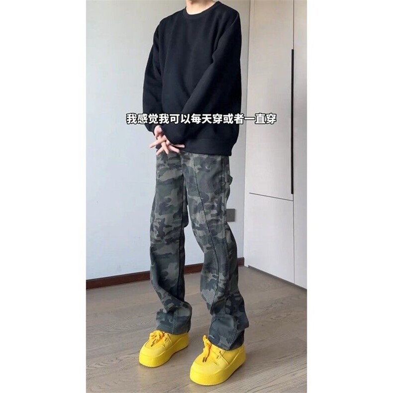 迷彩加绒加厚牛仔裤男冬美式复古vibe伐木裤子显瘦直筒弯刀微喇裤,男装牛仔裤,四季星座505