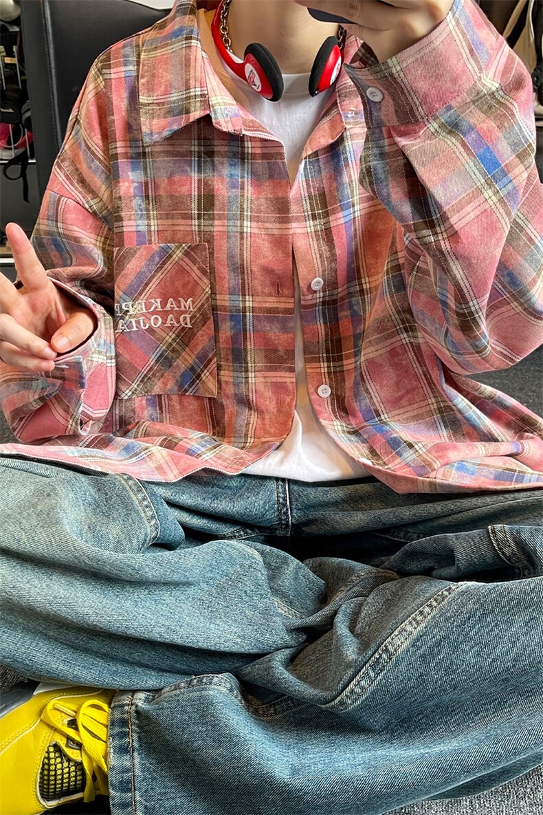 特批P42无差价秋季美式字母刺绣衬衣外套潮流格子长袖衬衫男C2504,男装衬衫,电商A001-1