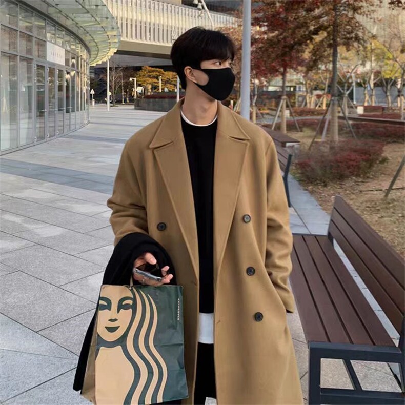 冬季新款驼色双面呢大衣男中长款加厚羊绒男士双排扣呢子风衣外套，男装风衣，星座710