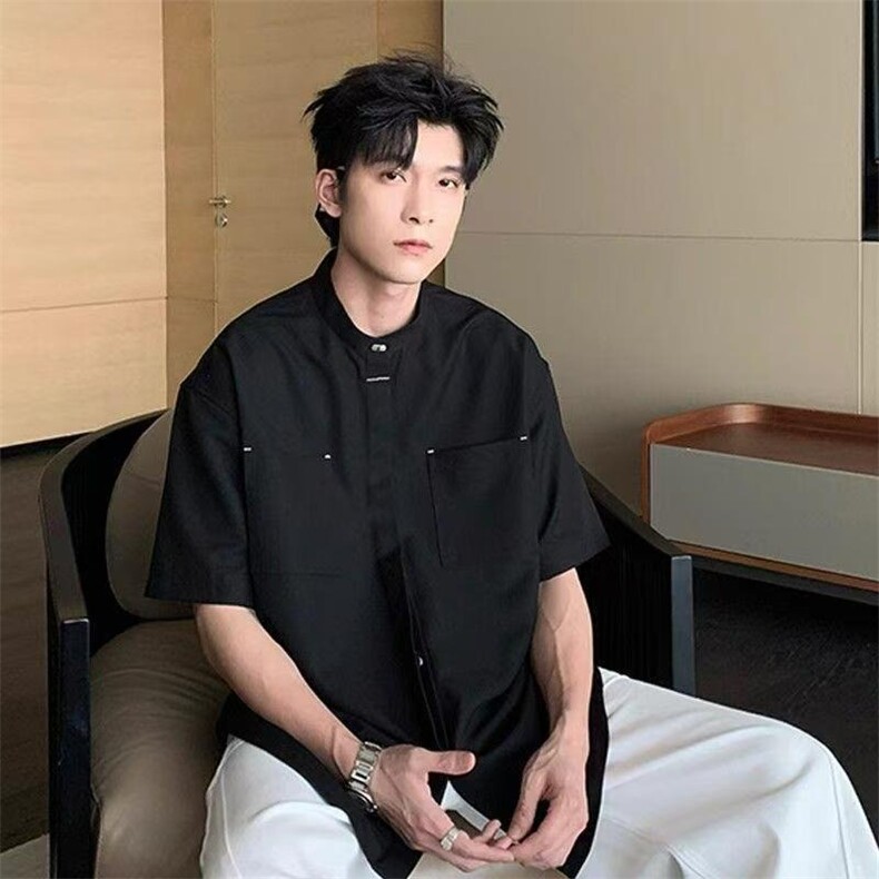 夏季痞帅男生垂感立领衬衣男宽松百搭衬衫上衣CSA15-P35,男装衬衫,星座208-5