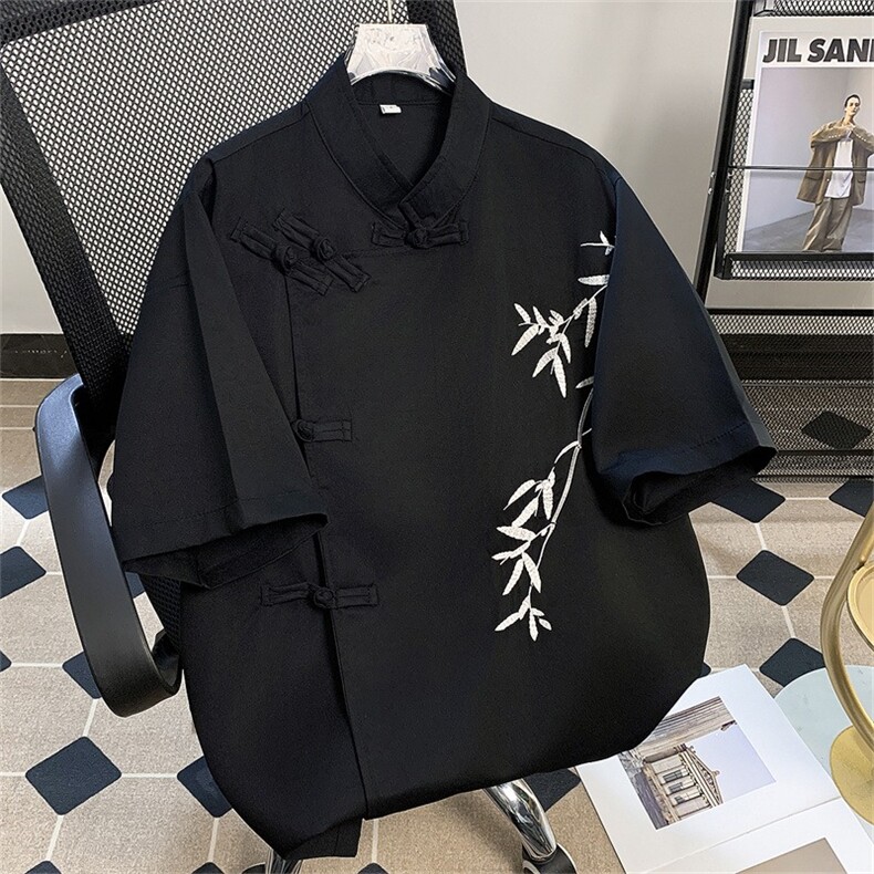 风夏男圆领短袖衬衫新中式盘扣刺绣五分袖唐装衬衣CS0509P50,男装衬衫,星座1013-1