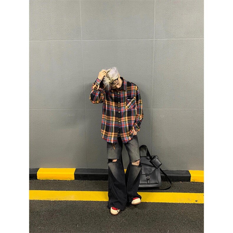 撞色格子衣衬衫外套高级感美式复古翻领长袖衫衬衣CS2033特P36,男装衬衫,星座908-1