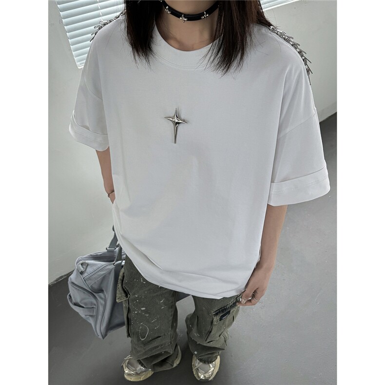 夏季 260克美式复古四芒星情侣短袖T恤衫中性上衣男 D343 P43图片