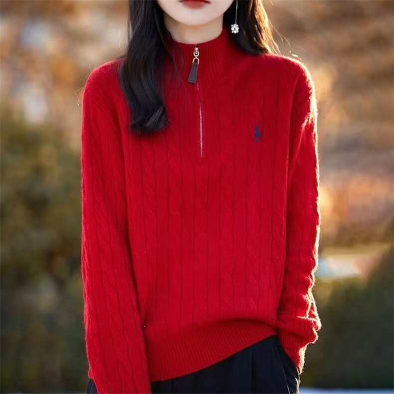 精纺羊毛衫女半开领拉链立领纯色宽松内搭长袖毛衣宽松针织打底衫图片