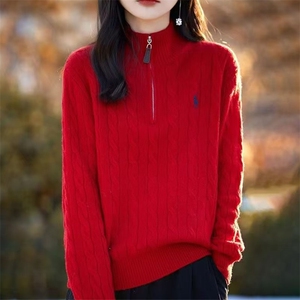 精纺羊毛衫女半开领拉链立领纯色宽松内搭长袖毛衣宽松针织打底衫图片