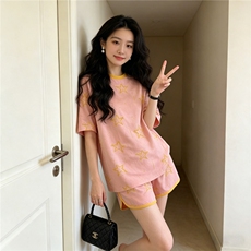 潮流时尚休闲运动套装女夏季新款印花圆领短袖上衣阔腿短裤两件套，女装套装/套裙，江南