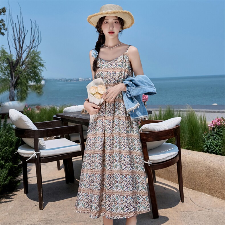2025夏季新品波西米亚度假风蕾丝花边连衣裙+牛仔短袖两件套,女装连衣裙,1C078