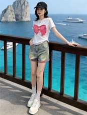 学院风网红时尚套装女夏款圆领刺绣蝴蝶结短袖阔腿牛仔短裤两件套，女装套装/套裙，江南