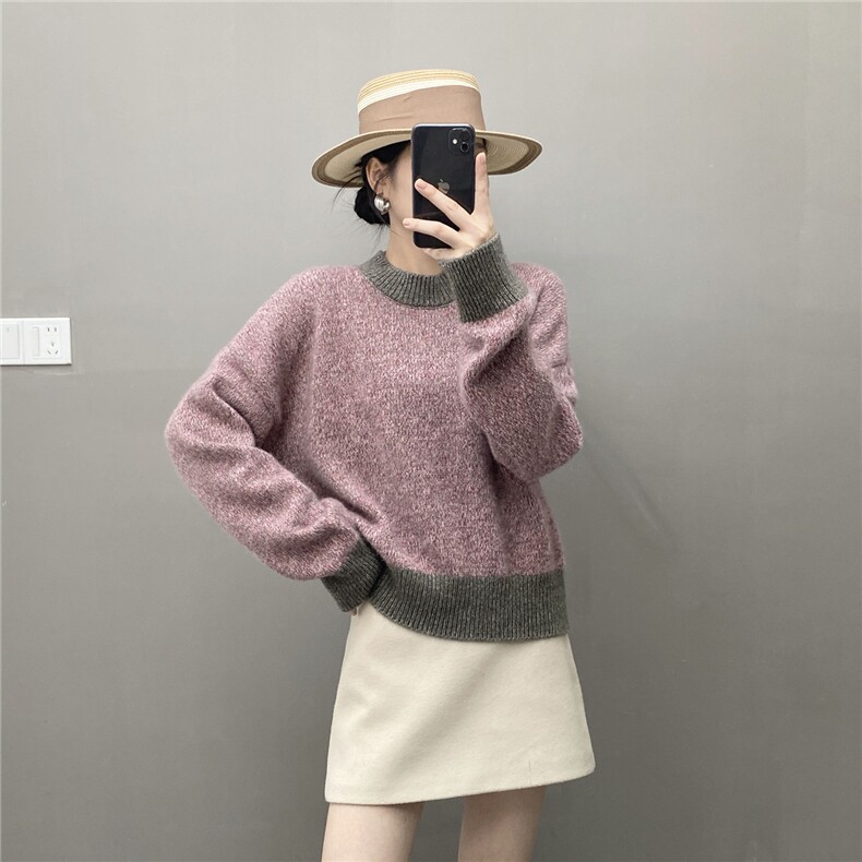 2025年秋季套头长袖宽松型花纱时尚百搭通勤，女装针织衫/毛衣，织绒羊