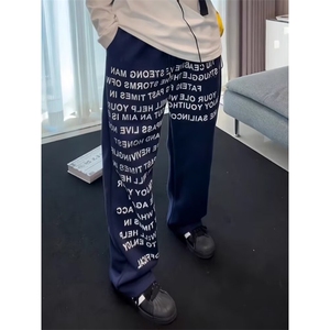藏蓝色字母涂鸦卫裤男潮牌hiphop嘻哈街舞裤子美式直筒微喇运动裤图片