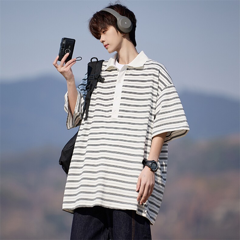 新款可二开港风大码短袖T恤条纹T恤polo衫男225-2-8801-P45控65，男装T恤，星座225-2
