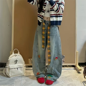 美式高街复古立体刺绣配腰带阔腿牛仔裤男女显瘦直筒弯刀拖地裤潮图片