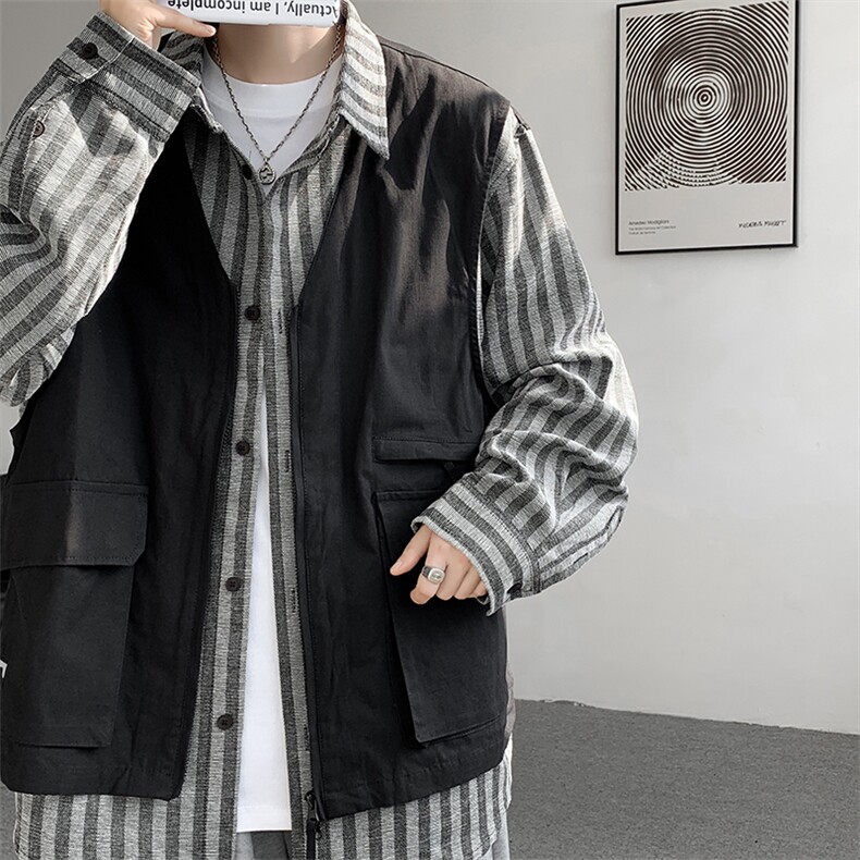 8XL-M特大码衬衫男假两件拼接衬衫新中式坎肩马甲外穿CS508TP68，男装衬衫，电商D206-1