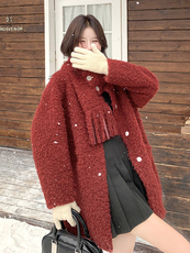 安可拉红围巾款皮毛一体羊羔毛外套女冬加厚棉服6092P225k328，女装棉衣/棉服，维壹