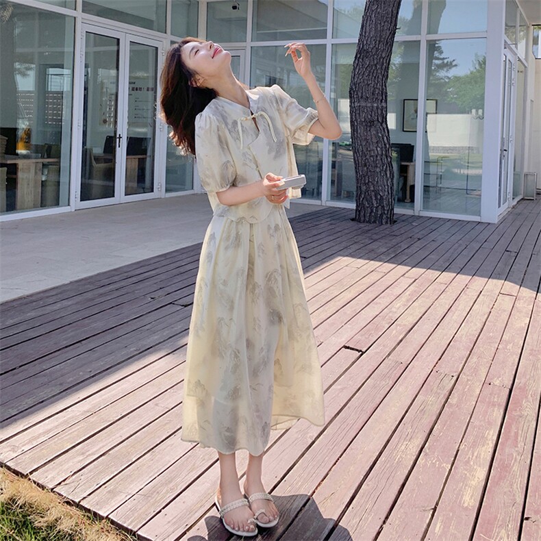 新品新中式风水墨印花复古上衣+半身裙套装p145k198,女装套装/套裙,2C269