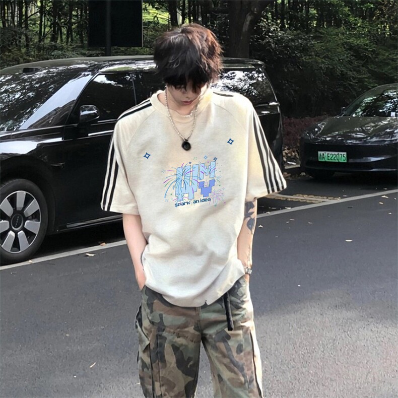 抖音得物高品质二开240克宽松纯棉美式潮牌三条杠织带短袖T恤,男装T恤,电商A486-1