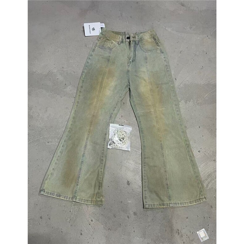 秋季新款男女泥黄小众珍珠点缀复古牛仔外套做旧微喇牛仔裤,男装牛仔裤,星座715-4