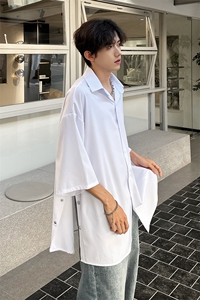 新款纯色侧边排扣开叉小众男女短袖衬衫 A071-C17-P35图片