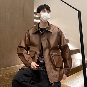 机车皮衣男春季翻领夹克工装刺绣外套潮流情侣款A266-PY007-P85图片