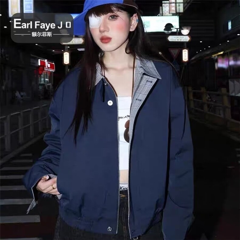 复古格纹拼接假两件棉服外套男女春秋季新款保暖棒球服夹克翻领图片