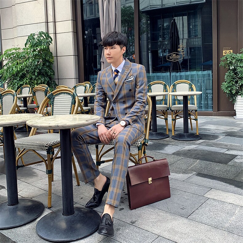 秋冬双排扣西服套装男三件套青年格子韩版修身西装A470-TZ10-P285,男装西服套装,电商A207