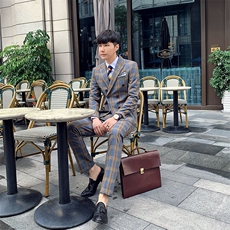 秋冬双排扣西服套装男三件套青年格子韩版修身西装A470-TZ10-P285，男装西服套装，电商A207